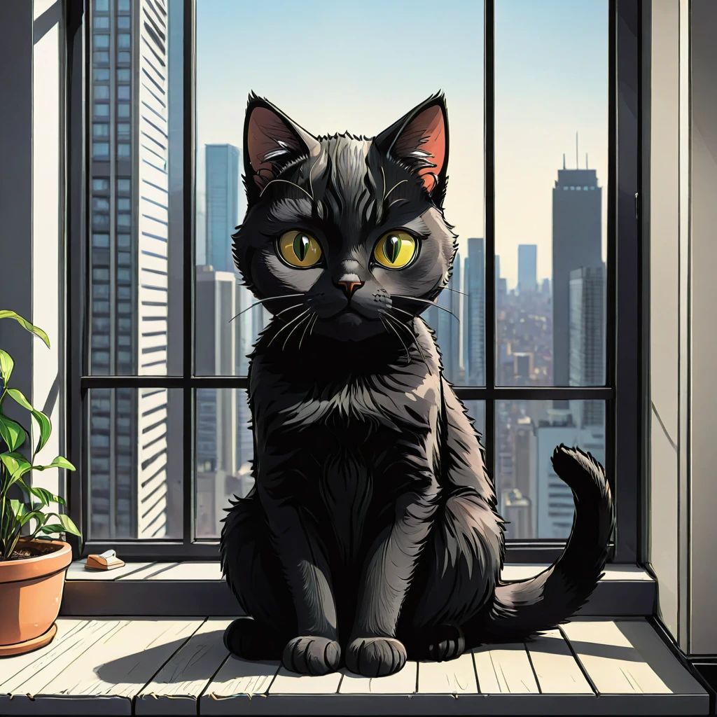 black cat sitting on a windowsill in a Highrise apartment, simple anime style, 2D, celshading, thick lineart, heavy black ink lines, posterized, flat color, celshading, toonshading, Cartoon Rendering, Flat Shading, Graphic Novel Style, minimal shading, flat shading, hard color shading