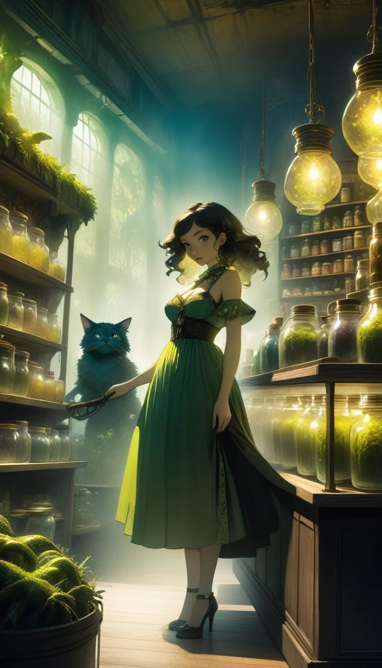 a sexy girl in a sexy dress tends the store at the counter, fantastic store, Fantasy world, dark, disturbing, strange, unnatural, (Rembrandt Lighting: 1.3) light particles, lens flares, store with several tentacles inside large jars, , a woman shopping, live tentacles for sale inside jars, side chest, forest cat on stage, close-up of the upper part of the body, artistic masterpieces that will go down in history, fantastic backgrounds, memorable scenes, fantastic angles (masterpiece : 1.2), (best quality: 1.2), intricate details, newest, AI generated (Bill Sienkiewicz inspired art, intricate details, oil painting)