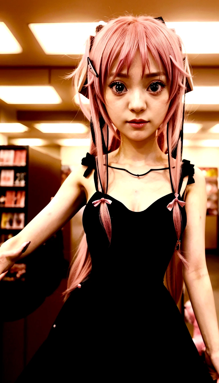 a close up of a person in a dress holding a cell phone, as an anime character, anime girl named gasai yuno, anime girl wearing a black dress, female anime character, mirai nikki style, anime character, pink female human girl, gasai yuno, an anime girl, mirai nikki, 26 - year - old anime goth girl