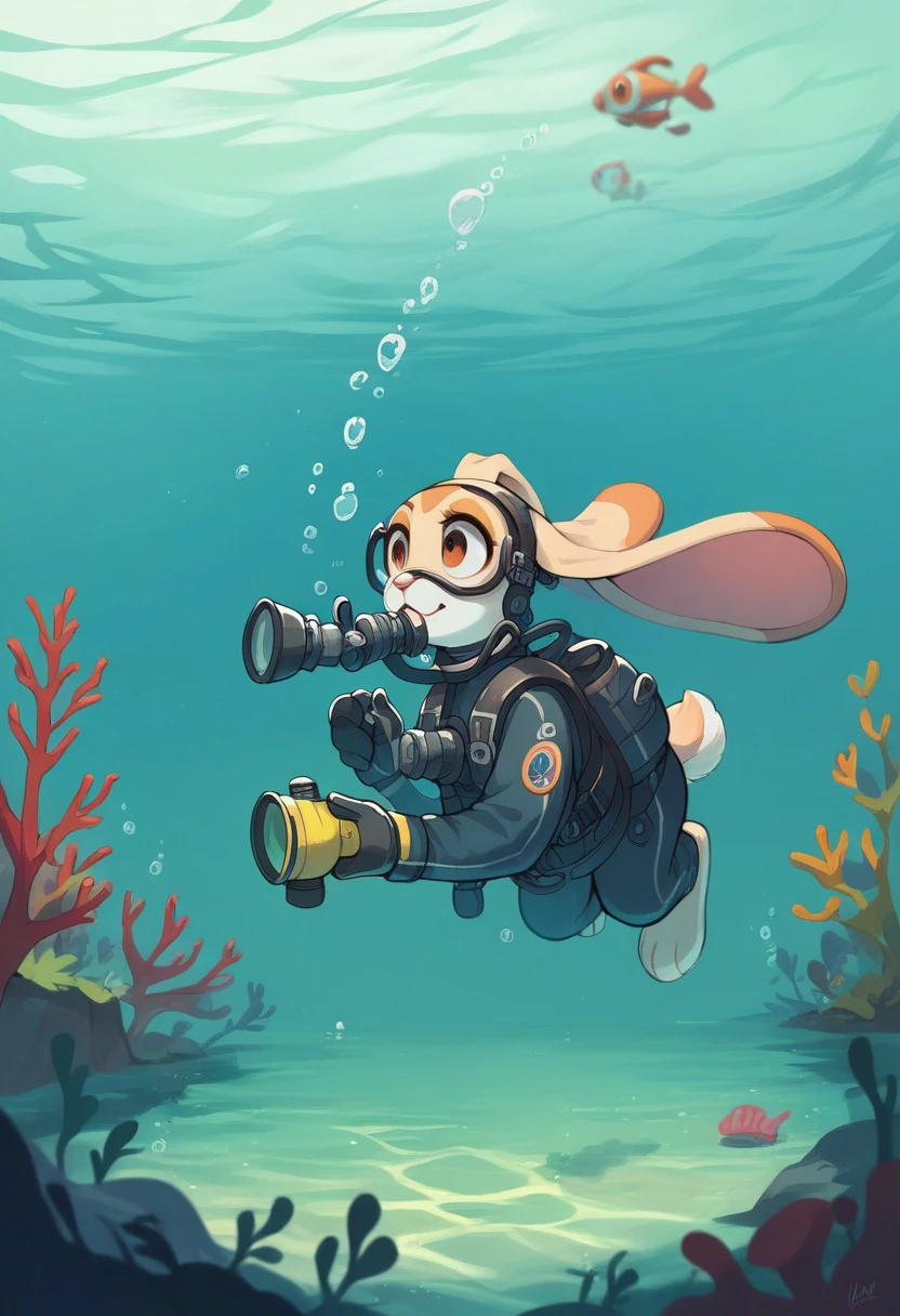 masterpiece, highres, best quality, Cream the Rabbit underwater bunny tail, masterpiece, water, completely_submerged, water, ocean, 2d, drawing, illustration, tail, scuba diving gear.scuba diving mask,diving gloves