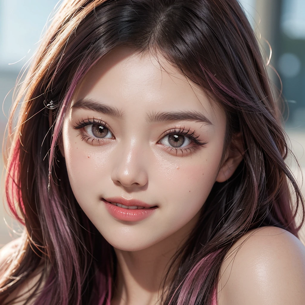 1 girl, 19 years old, south korean, 4k, masterpiece, realistic, frekles under eyes, long whavy black hair, faded pink hair, shining pink pupils, detailed pupils, red lips, red eyeliners, happy, big smile, closed mouth, naked, multiple of frekles under eyes, detailed face, facing camera, bright colors, close up, face focus.