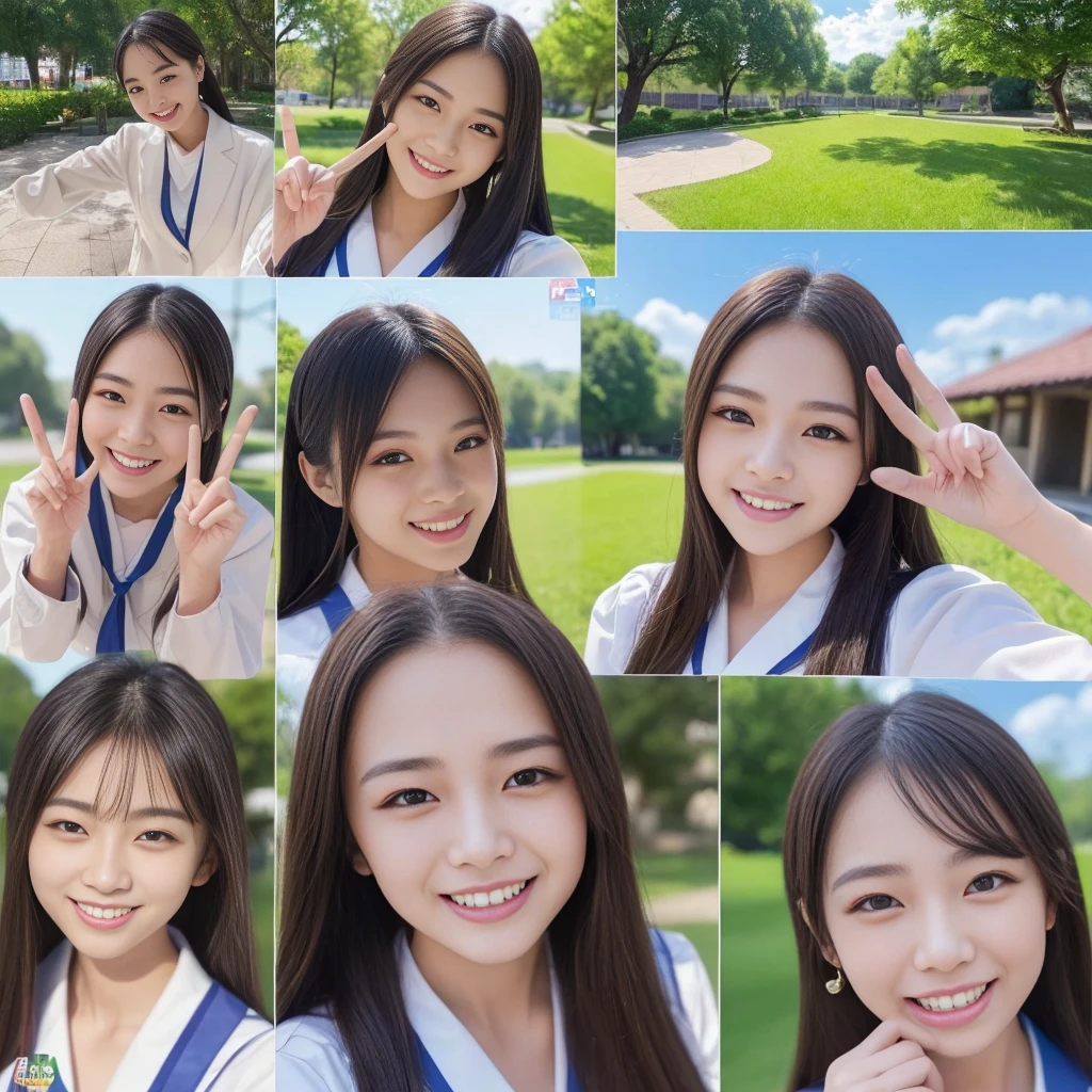 "High school girl smiling showing her teeth、Making a peace sign、Wearing a uniform、ponytail、With three friends、Selfie、garden、Outdoor Setting、Bright sunshine、Nature background、Bright expression、Vibrant colors、Very detailed、Close-up"

Negative prompts
"(オクタンRender、Render、drawing、anime、Bad photos、Bad photos撮影:1.3)、(Worst quality、low quality、Blur:1.2)、(Bad teeth、Deformed teeth、Deformed lips)、(Bad Anatomy、Bad ratio:1.1)、(Deformed iris、Deformed pupil)、(Deformed eyes、Bad Eye)、(Deformed face、Ugly Face、Bad face)、(Deformed Hand、Bad move、Fused fingers)、Pathological、Disconnect、mutation、Malformation"