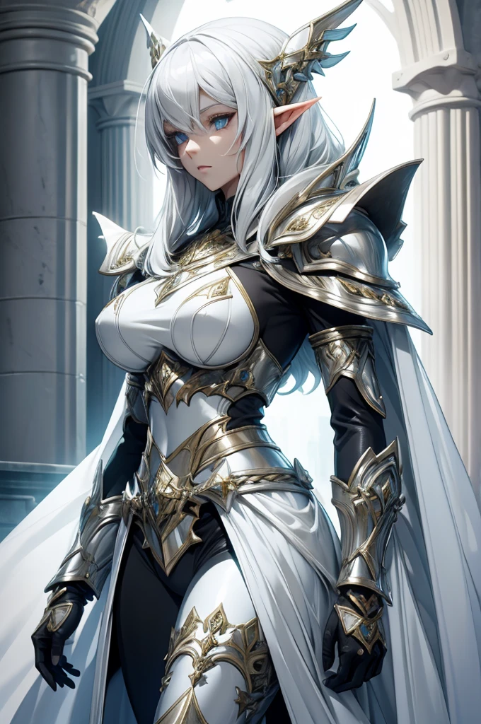 female noble Elf, full body art, silver hair, white skin, saphire eye, knight full plate adorned armor, white cape, perfectly detailed body.