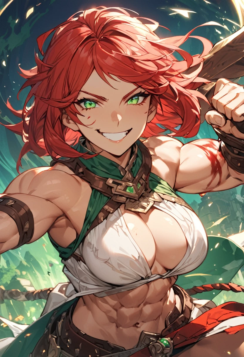 Adult female, fantasy, fantasy arena, bloody, happy, bloody smile, perfect smile, highly detailed, very short red hair, emerald green irises, barbarian, toned body, well-defined abs, thin robes, fighting