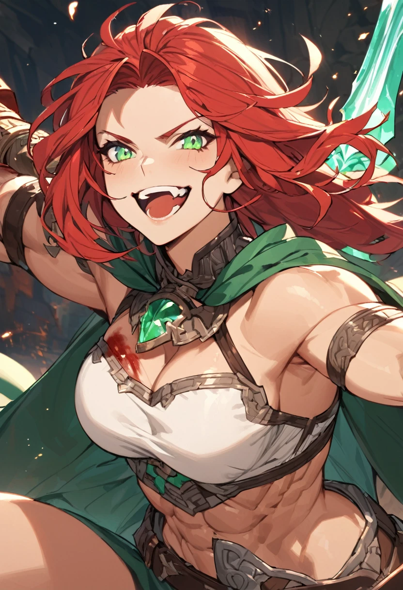 Adult female, fantasy, fantasy arena, bloody, happy, bloody smile, perfect smile, highly detailed, very short red hair, emerald green irises, barbarian, toned body, well-defined abs, thin robes, fighting