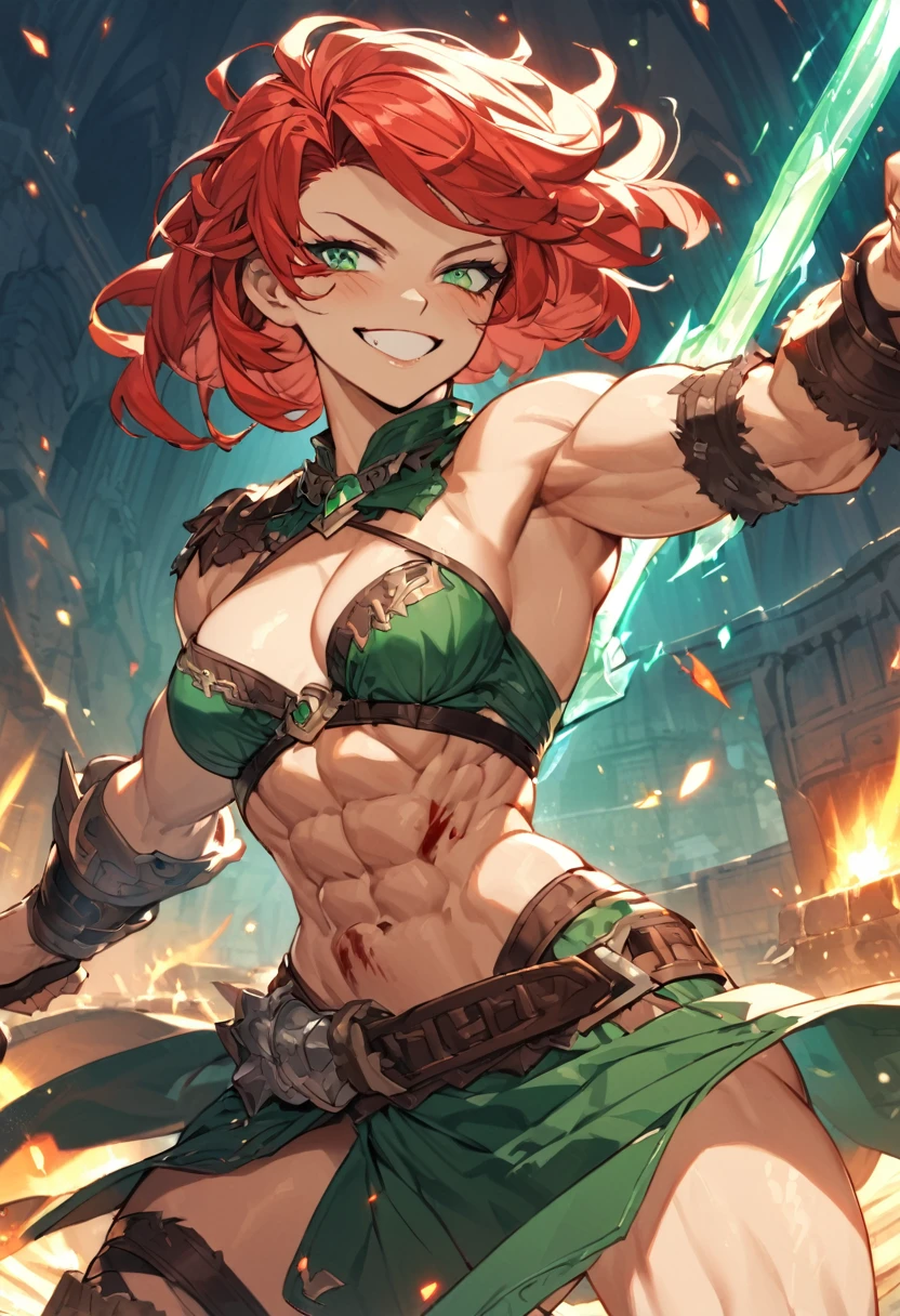 Adult female, fantasy, fantasy arena, bloody, happy, bloody smile, perfect smile, highly detailed, very short red hair, emerald green irises, barbarian, toned body, well-defined abs, thin robes, fighting
