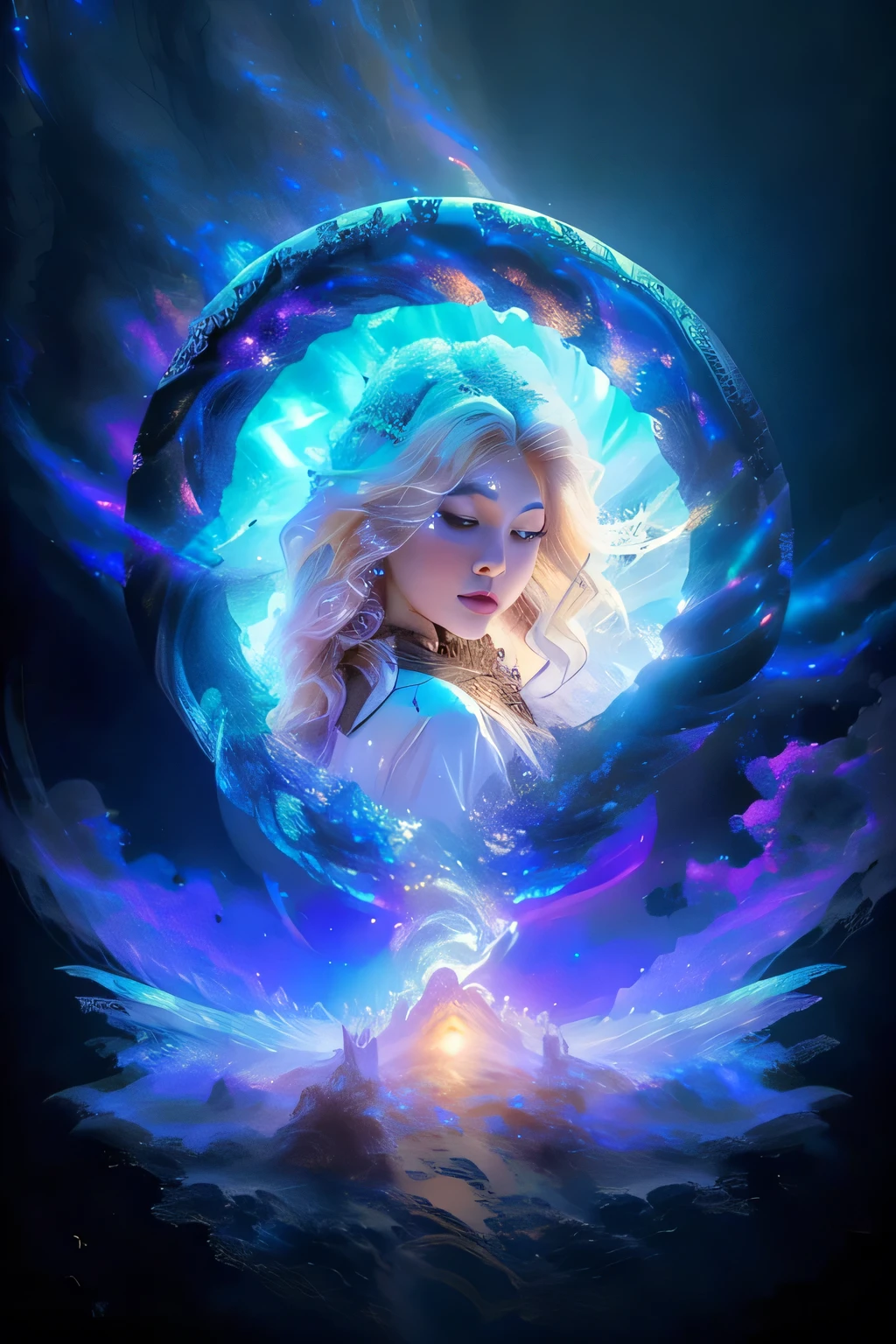 fish-eye lens, cosmic background, Countless twinkling galaxies and stars, Convoluted, Ultra-realistic full-length shot of an angel praying for viewers in the center of a circle, The microcosm revolves around angels, face to the viewer, Offer mercy, Comfort and love, stunningly beautiful face, The majestic twin wings of an angel growing from the back of an angel, Ultra-realistic and ultra-detailed real wings, Beautiful snow-white robes and translucent darkness, Long Blonde Hair, Hair and stars mix, Fantastic and sacred (1:1), ultra-detailliert, A hyper-realistic, Countless small lights twinkle、Blend into the darkness, ultra intricate, New splash art never seen before in space, Captivate your audience、Give your audience direction to move forward, What's next?. It is a masterpiece that will continue to win many awards in the future.......