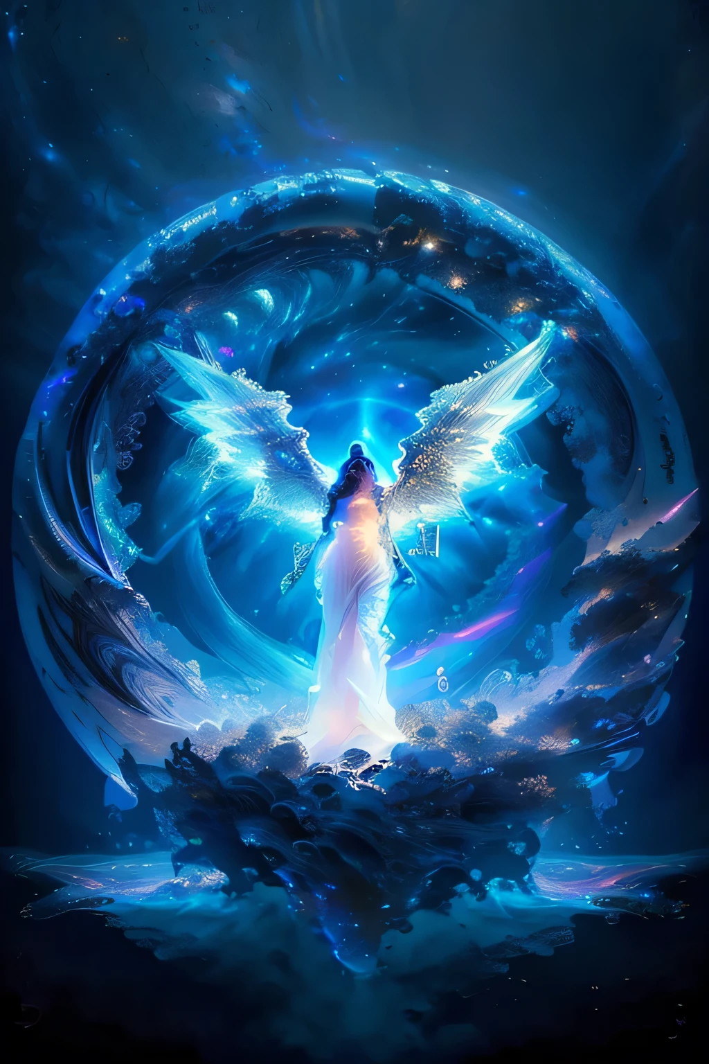 fish-eye lens, cosmic background, Countless twinkling galaxies and stars, Convoluted, Ultra-realistic full-length shot of an angel praying for viewers in the center of a circle, The microcosm revolves around angels, face to the viewer, Offer mercy, Comfort and love, stunningly beautiful face, The majestic twin wings of an angel growing from the back of an angel, Ultra-realistic and ultra-detailed real wings, Beautiful snow-white robes and translucent darkness, Long Blonde Hair, Hair and stars mix, Fantastic and sacred (1:1), ultra-detailliert, A hyper-realistic, Countless small lights twinkle、Blend into the darkness, ultra intricate, New splash art never seen before in space, Captivate your audience、Give your audience direction to move forward, What's next?. It is a masterpiece that will continue to win many awards in the future.......