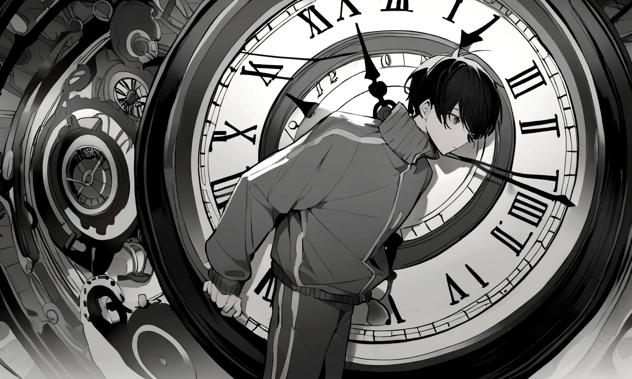 black and white drawing, giant clockwork background, hang from clockwork, human, 26 year old male, black neat hair, a lonely face, wearing gray tracksuit, put one&#39;s foot on the clock hand, cling to the clock, climb the clock.