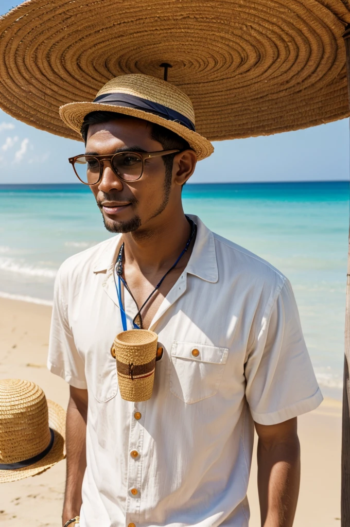 A monkey with a straw hat and glasses with a beach shirt and his iPhone 