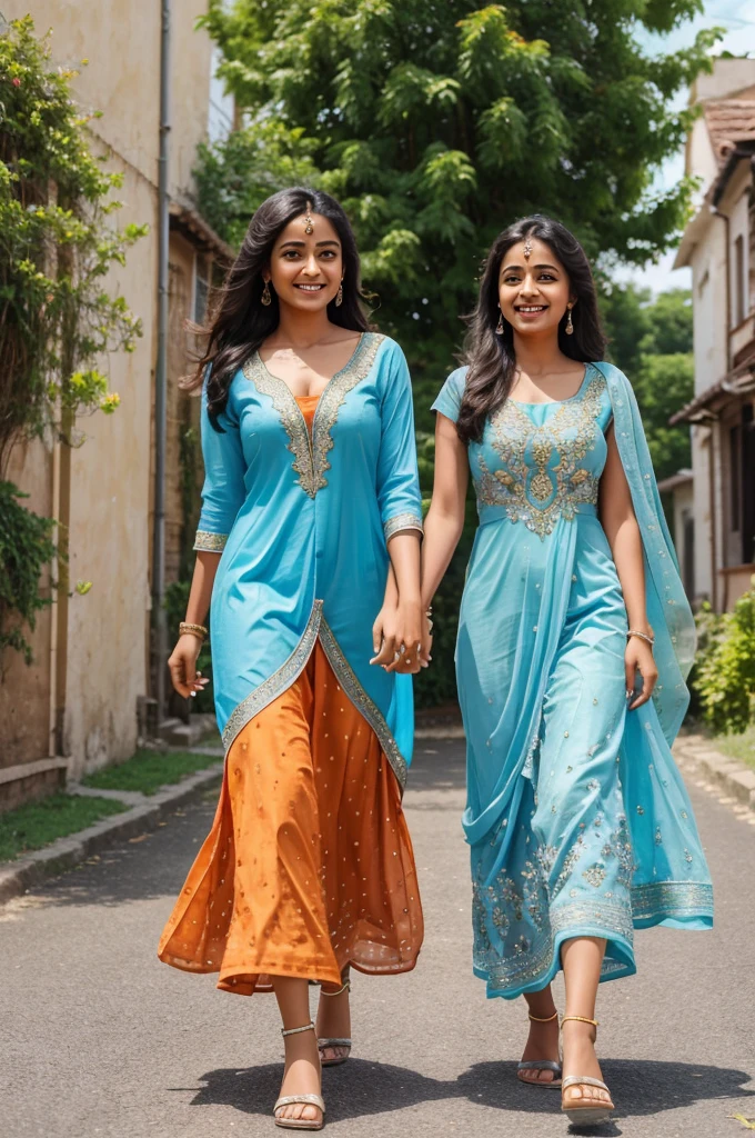 A real 18 years old two indian girls walking on Road, they are toking each other with laughing, first girl is wearing skyblue gown and net dupatta, with name "TARA" write on it. second wearing orange printed gown and net dupatta, with name "NEHA" write on shirt, they are looking so gourgess, pretty, beautiful, smiling, watch, sun on sky, some houses in back multi colour flowers, full Blaring greeing background, 3d 16k Ultra HD quality images.