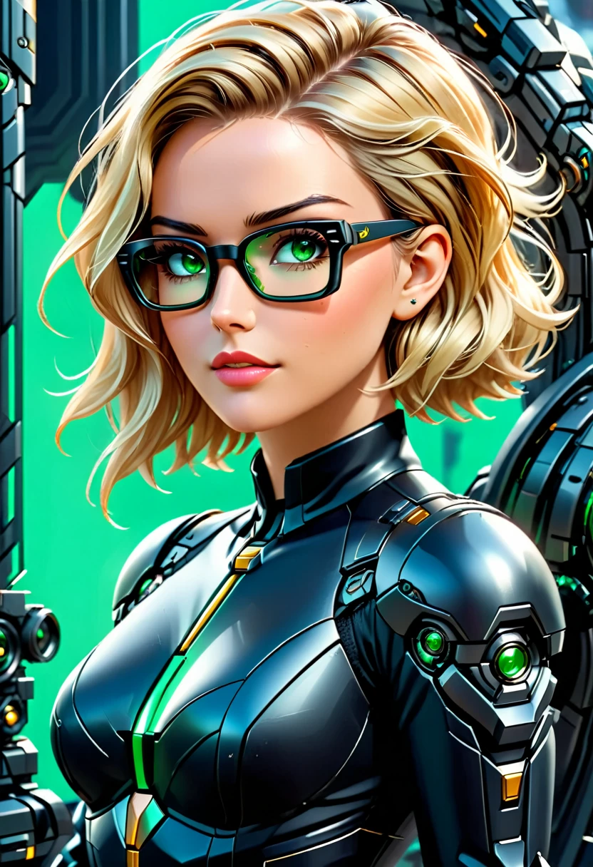 Arafed a picture of a human female spy, wearing dark suit, wearing ((mecha glasses: 1.5))exquisite beautiful female, blond hair, short crop hair, green eyes, glasses has intricate mechanical part in it, high society gala event background, (Masterpiece: 1.5),  Vibrant, Ultra-high resolution, High Contrast, masterpiece:1.2, highest quality, Best aesthetics), best details, best quality, highres, ultra wide angle, 16k, [ultra detailed], masterpiece, best quality, (extremely detailed), Mechanical Creatures