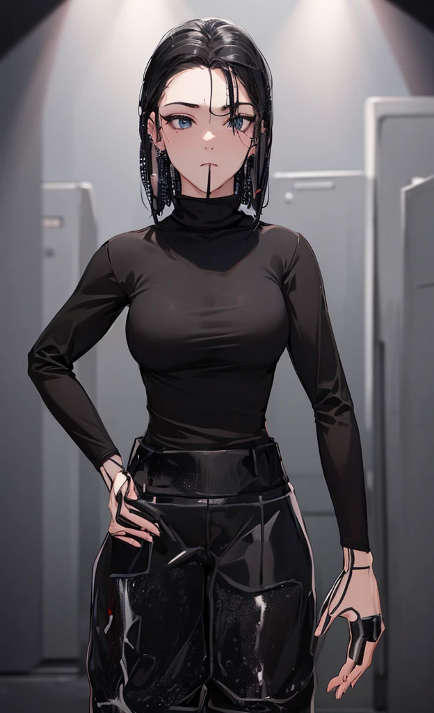 girl, wearing a black t-shirt and sweatpants, short black hair