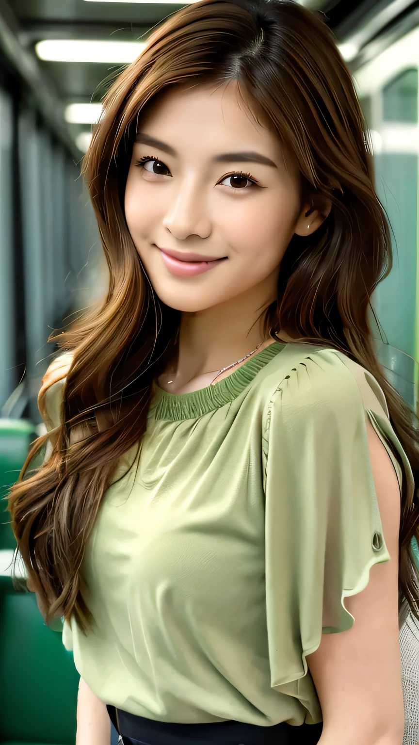 Matcha green blouse,Long Hair,Upper Body,on the train
