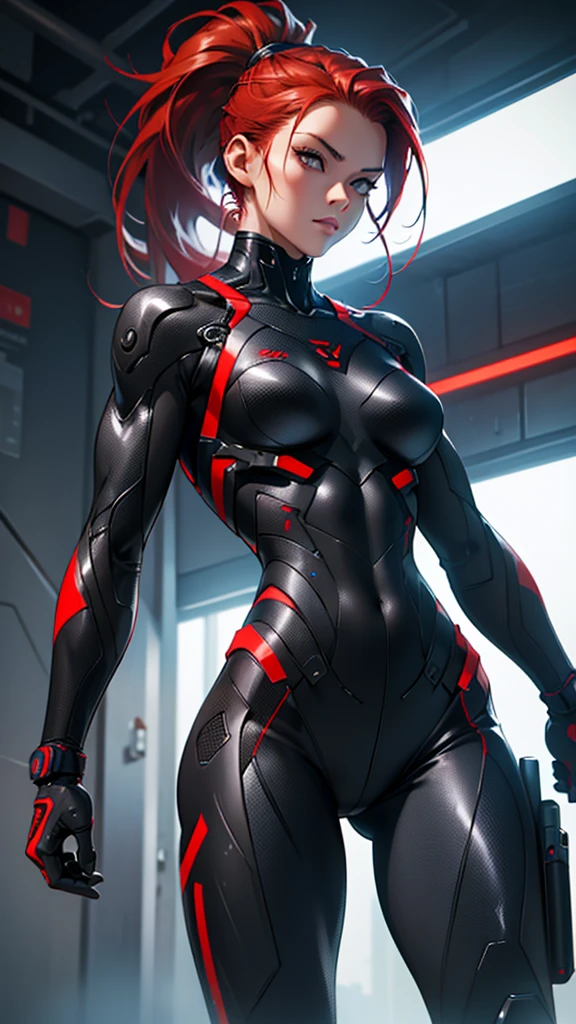 Beautiful cybernetic girl detailed muscles realistic masterpieces full figure pose (best quality,ultra-detailed), red hair in ponytail, fair skin, fit body, slim figure, narrow waist, (confident expression), black carbon fiber cybernetic mobile combat suit