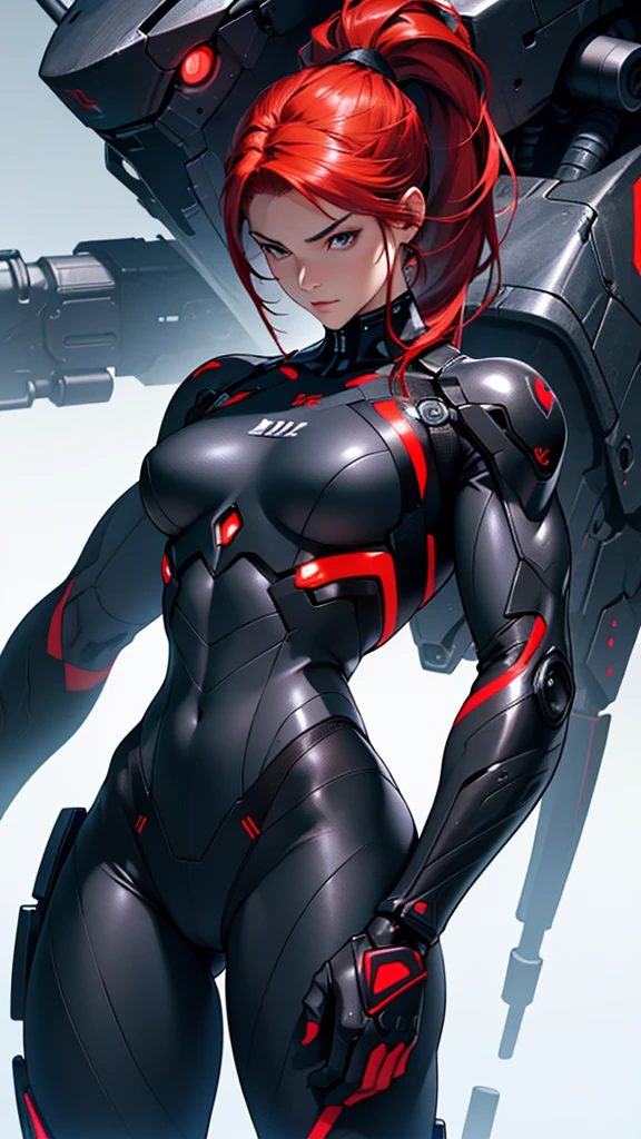 Beautiful cybernetic girl detailed muscles realistic masterpieces full figure pose (best quality,ultra-detailed), red hair, ponytail, fair skin, fit body, slim figure, narrow waist, (cocky expression), black carbon fiber cybernetic mobile combat suit, dynamic pose