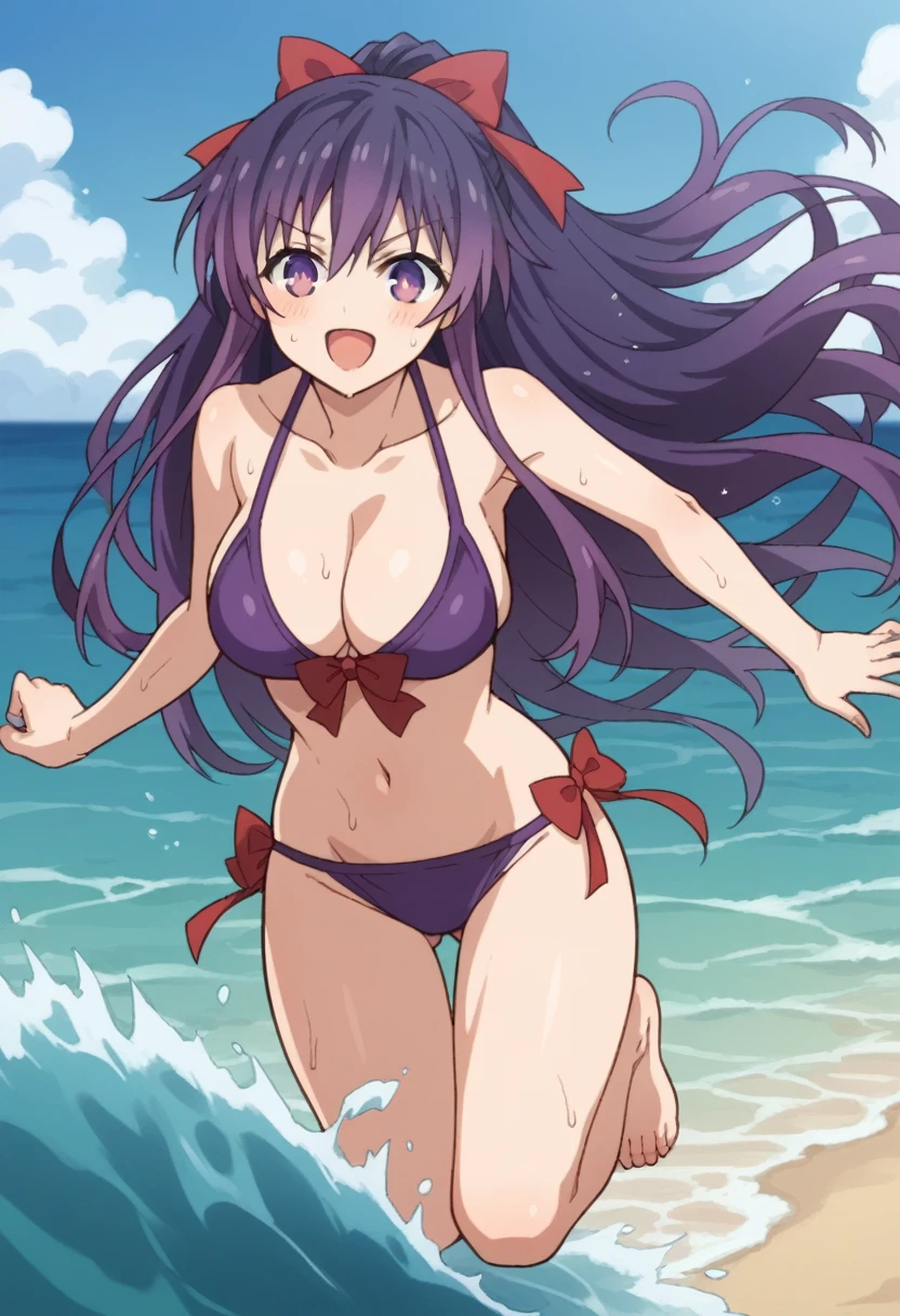 Score_9, Score_8_up, source_anime BREAK solo, 1girl, looking at viewer, cowboy shot, Tohka Yatogami, long hair, purple hair, purple eyes, very long hair, ponytail, red bow, headband, bare shoulders, navel, barefoot, clavicle, purple bikini, side tie bikini bottoms, sweat,
curvy, big breasts, smile, blushing, jumping, partially submerged, open mouth, happy, splashing,
Ocean, beach, sand, waves, wind, sunlight, blue sky,