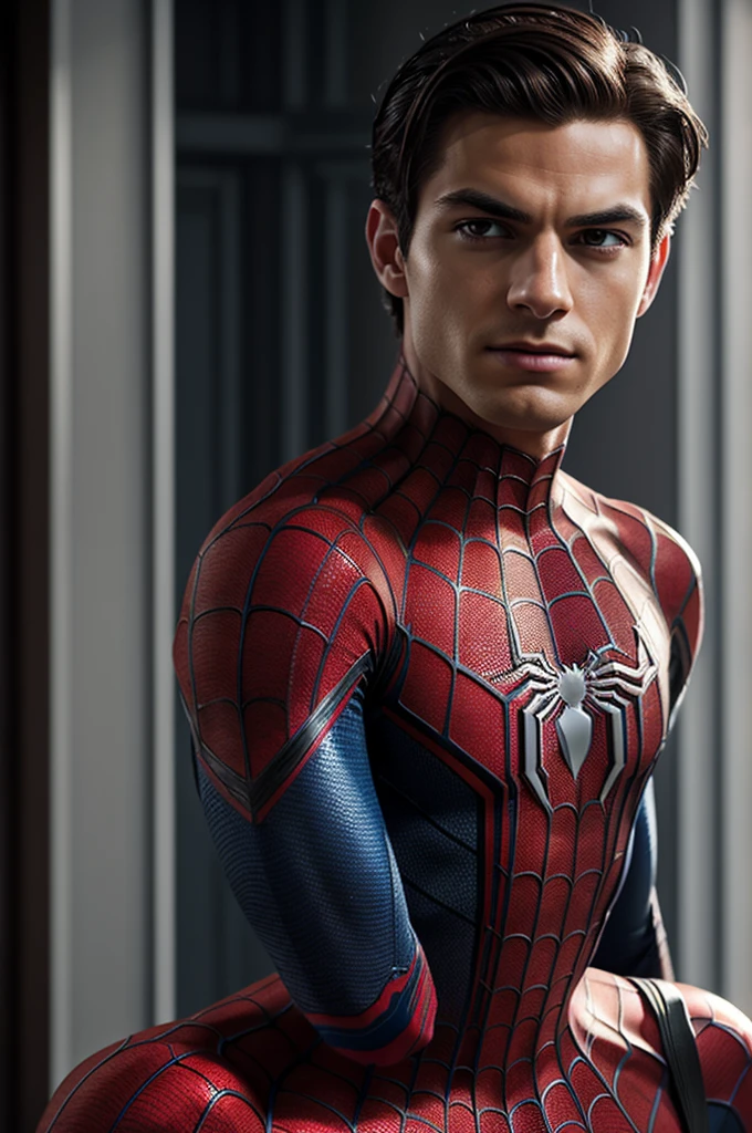 A photograph of Spider-Man., sin mascara, the 20s, elegant, detailed face, looking to the camera, portrait, 8k hd, high quality
