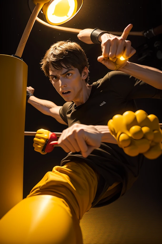 Stick man punching another stick man in the face and a yellow light on the hand that throws the punch