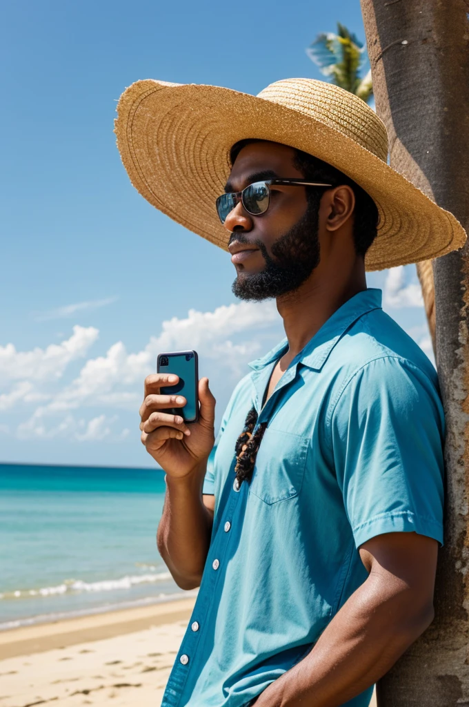 A gorilla with a straw hat and a beach shirt with his iPhone