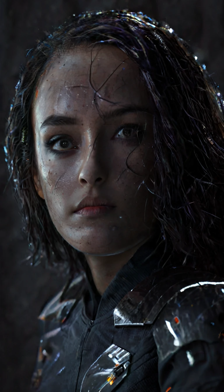 battle damage , missing arm ,bright yellow eyes, ultra-detailed,vibrant colors,sci-fi,portrait,dramatic lighting,detailed facial features,dark background,long hair,glowing eyes,futuristic clothing,expressionless face,metallic texture,bright highlights,high contrast,radiant colors,artificial intelligence theme,sharp focus,technological elements,shadows and highlights,ethereal glow,neon lights,stormy atmosphere,otherworldly setting,unconventional composition,sharp lines,sleek design,mysterious atmosphere,unearthly beauty,digital enhancements,advanced technology,glowing circuitry,abstract background,ominous presence,subtle reflections,energetic pose,unique perspective,foreshortening effect,symmetrical composition,imposing presence,dynamic energy,striking visual impact,translucent overlays,organic and mechanical fusion.
