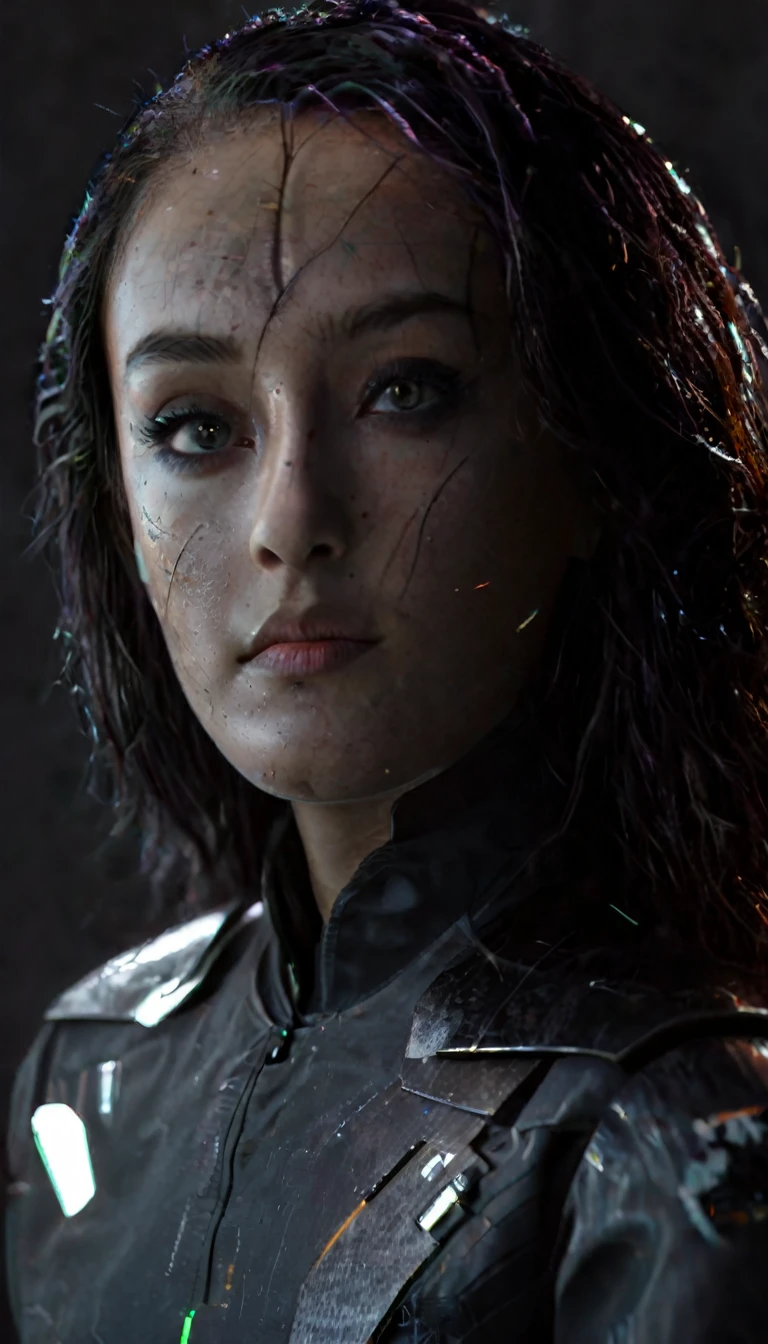 battle damage , missing arm ,bright yellow eyes, ultra-detailed,vibrant colors,sci-fi,portrait,dramatic lighting,detailed facial features,dark background,long hair,glowing eyes,futuristic clothing,expressionless face,metallic texture,bright highlights,high contrast,radiant colors,artificial intelligence theme,sharp focus,technological elements,shadows and highlights,ethereal glow,neon lights,stormy atmosphere,otherworldly setting,unconventional composition,sharp lines,sleek design,mysterious atmosphere,unearthly beauty,digital enhancements,advanced technology,glowing circuitry,abstract background,ominous presence,subtle reflections,energetic pose,unique perspective,foreshortening effect,symmetrical composition,imposing presence,dynamic energy,striking visual impact,translucent overlays,organic and mechanical fusion.