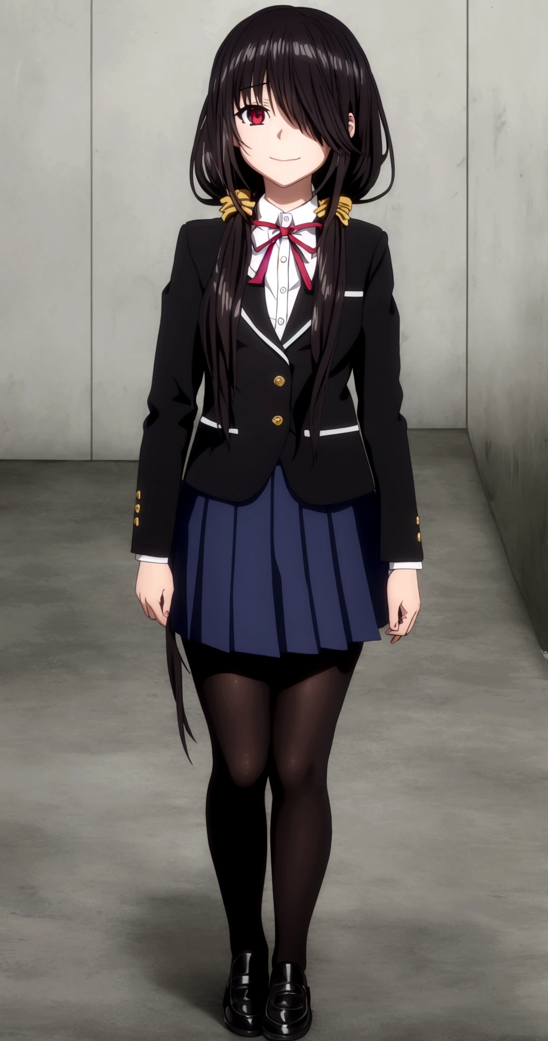 ultra-detailed,highly detailed,best quality,masterpiece,illustration,realistic, photo,photorealistic,
1girl, tokisaki kurumi,cosplay,right eye red, left eye yellow,hair over one eye, looking at viewer, happy girl,light smile, low twintails,
, blazer, collared shirt, neck ribbon, pleated skirt, pantyhose, hair rings, loafers,
dynamic pose,sitting,