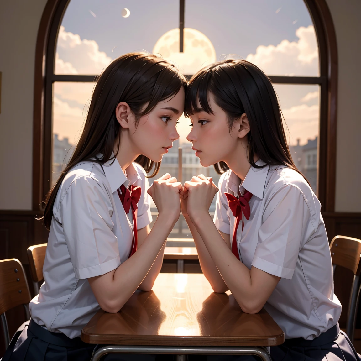 (masterpiece, best quality), perfect anatomy, perfect hands, two school girls are deeply in love with each other, romantic atmosphere, moon