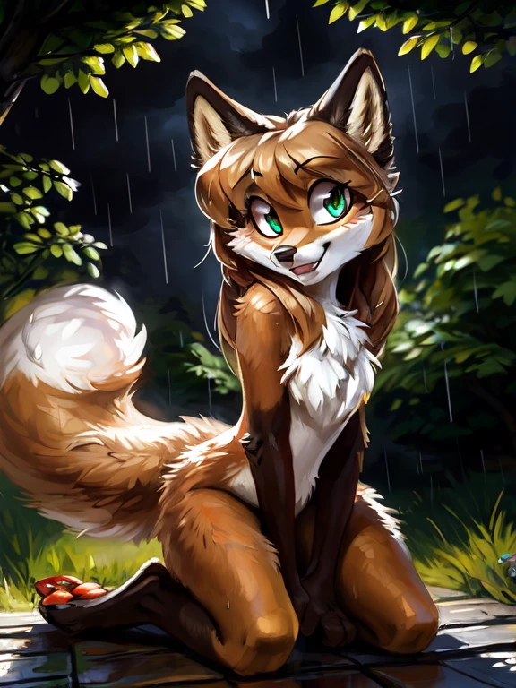 uploaded to E621, by Kenket, by Ross Tran, by Michael & Inessa Garmash, by Pino Daeni, by Kiguri, by Alena Aenami, by Ruan Jia, A solo vixen ((female) (anthro) ([foxl])), beautiful and detailed portrait of an anthropomorphic vixen ((female)), anthro fox girl, body fur, flat chest, chest fluff, body fur, curvy, sexy, nice, cute, hot, sassy, sassy hips, (Averi, Fox girl), hi res, photorealism, soft shading, (detailed fur: 1.1), happy looking, (legs), (solo: 1.1), tail raised, ((beautiful) eyes: 1.1), (detailed eyes: 1.1), (detailed), (masterpiece: 1.2), (athletic), good anatomy, detailed face, speech bubble, heart, hearts, seductive pose, sexy pose, in a park, tree, night, wet fur, raining, on knees