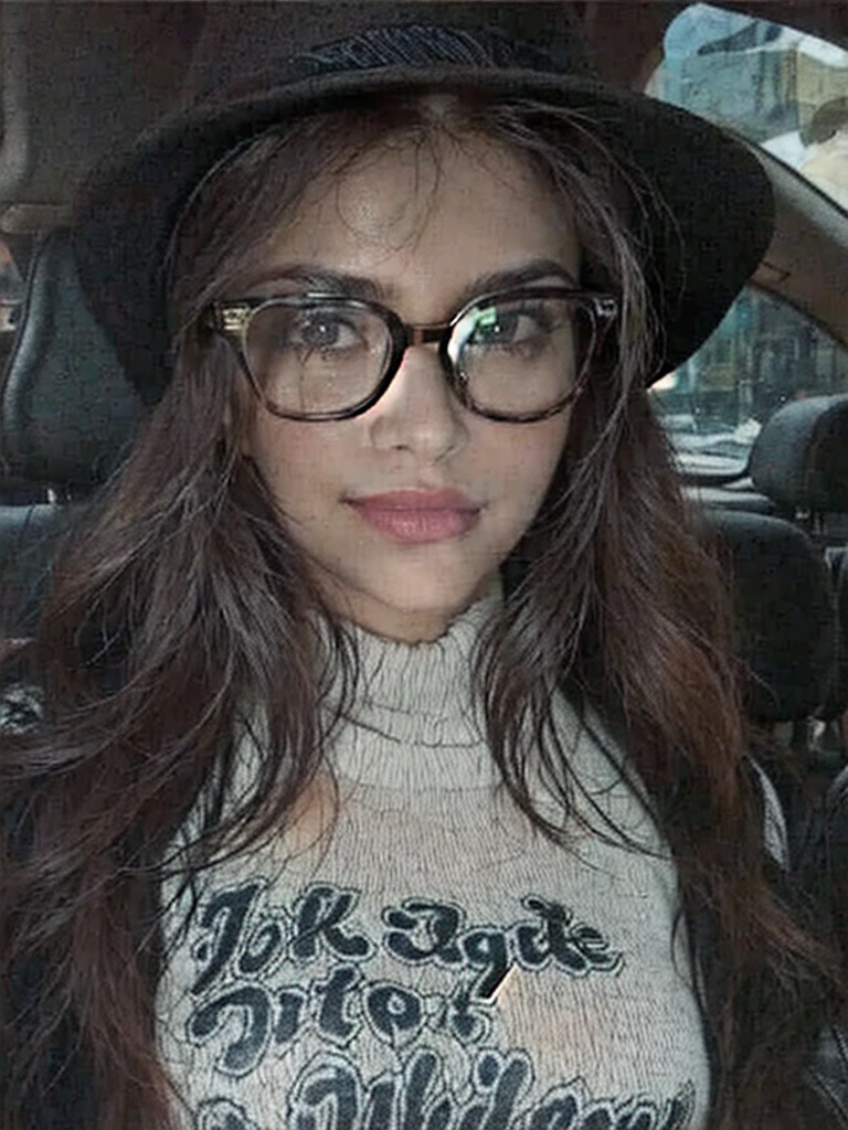 araffe woman With glasses and a hat in a car, thick glasses, girl With glasses, wearing square glasses, With glasses cuadradas, mine khalifa, wearing thin Big round glasses, Big!!!!!! eyeglasses!!!, lorena avarez, thick frame glasses, wearing black frame glasses, With glasses on, With glasses, thick frame glasses
