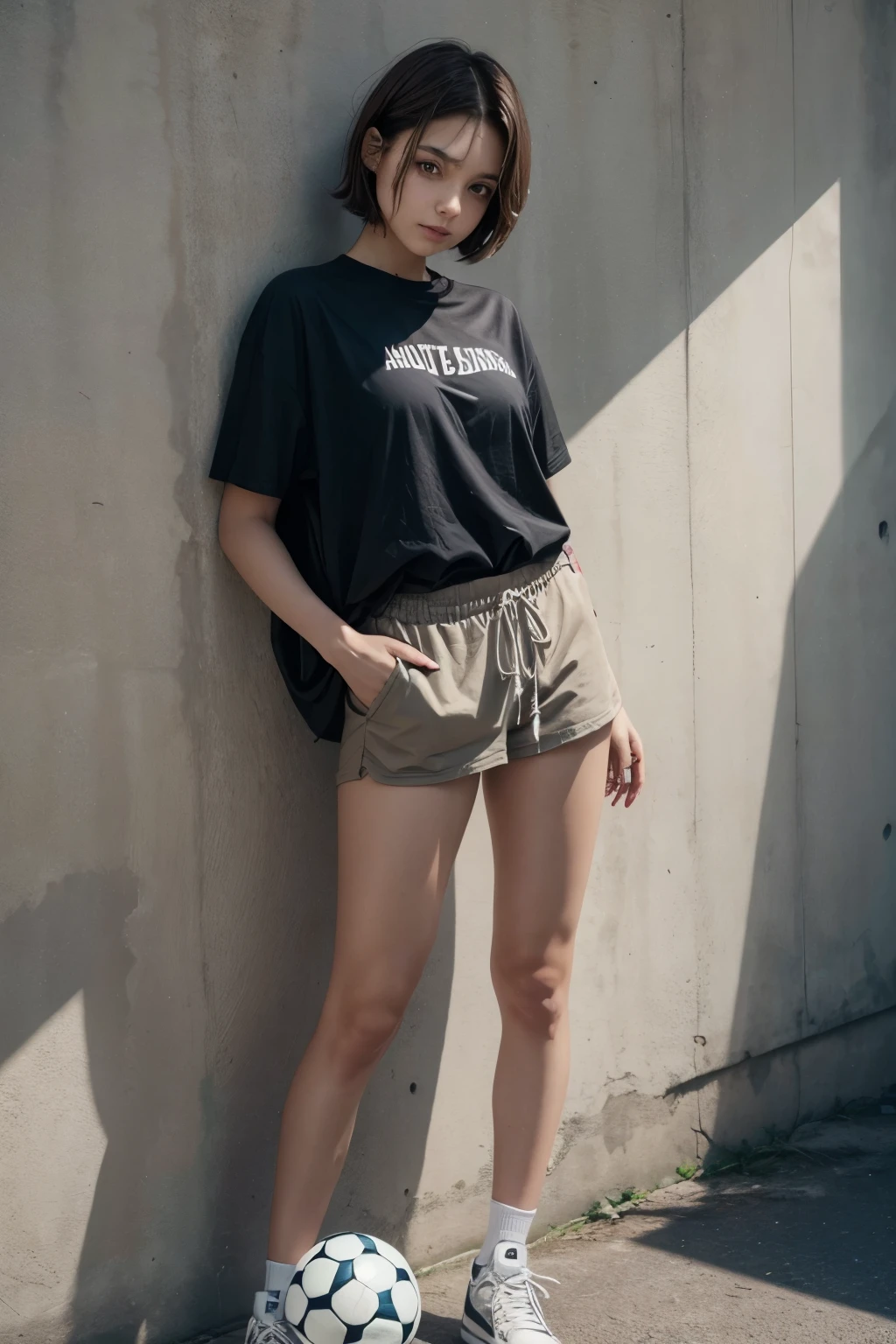 A short hair tied brown hair with ball arm tattoo, she standing, with a ball on her foot in women's football clothes