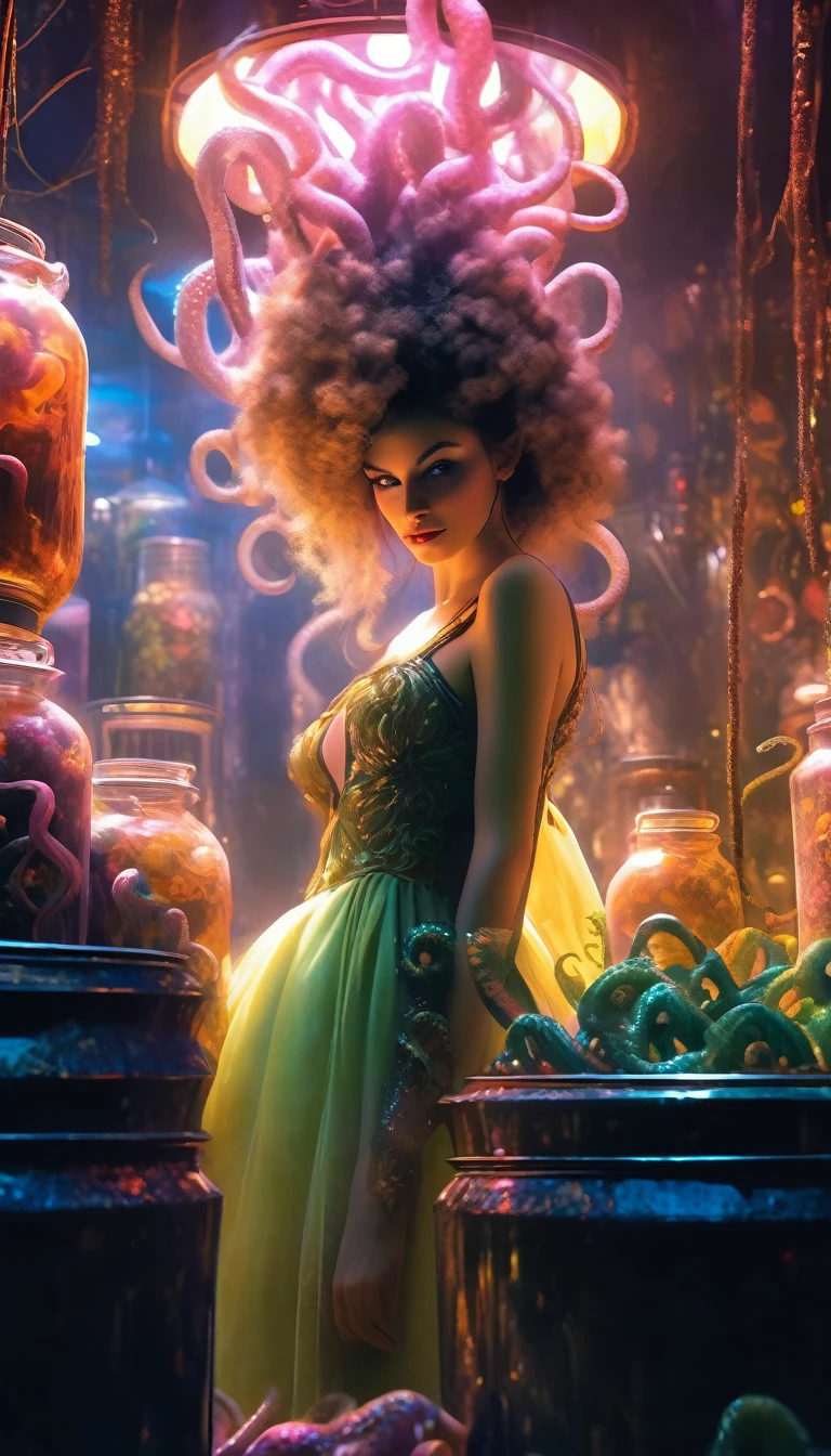 a sexy girl in a sexy dress tends the store at the counter, fantastic store, Fantasy world, dark, disturbing, strange, unnatural, (Rembrandt Lighting: 1.3) light particles, lens flares, store with several tentacles inside large jars, , a woman shopping, live tentacles for sale inside jars, side chest, forest cat on stage, close-up of the upper part of the body, artistic masterpieces that will go down in history, fantastic backgrounds, memorable scenes, fantastic angles (masterpiece : 1.2), (best quality: 1.2), intricate details, newest, AI generated (Bill Sienkiewicz inspired art, intricate details, oil painting)
