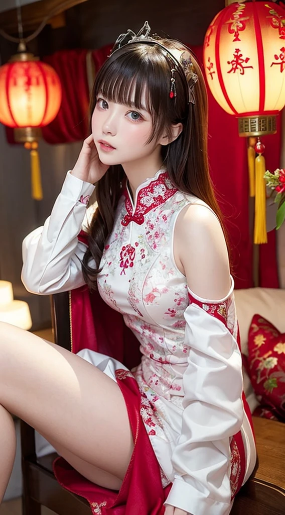Highest quality、masterpiece、Beautiful and fair、Glowing Skin, 3 Up, Nice, bright, Refreshing and gentle look, Perfect beautiful face、Beautiful shiny bangs, Very beautiful girl, Small red cheeks and nose、Brown Hair、so perfect and beautiful、Adorable big clear grey eyes,Small breasts,Beautiful cheongsam、Deep red Chinese dress、The original skin is visible through the grooves,White transparent lace underwear