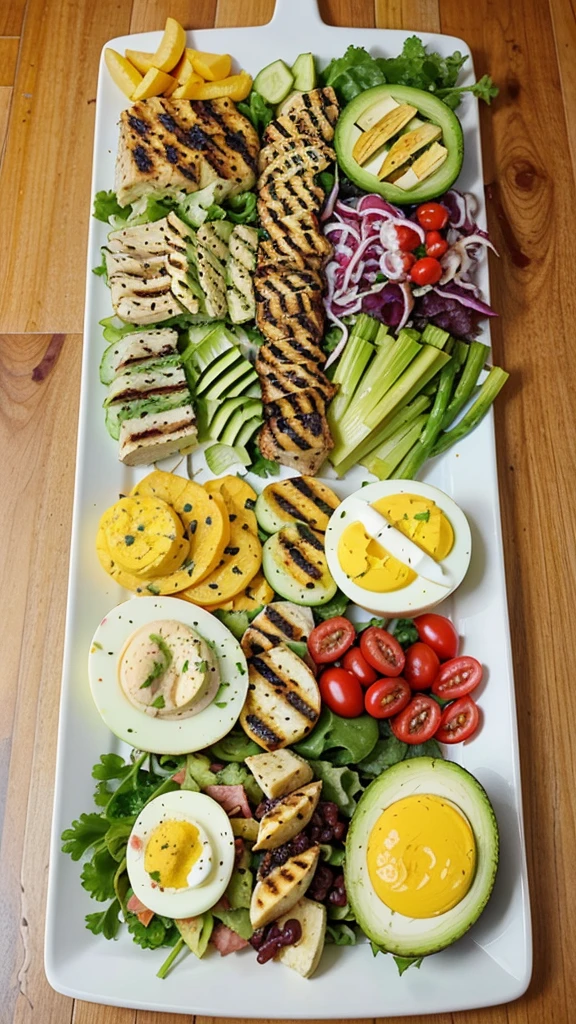 Colorful and Varied Keto Lunch Platter: A beautifully arranged platter with various keto-friendly foods, such as avocado, bacon-wrapped asparagus, deviled eggs, colorful salads, and grilled chicken. The vibrant colors and variety will catch the viewer’s eye.