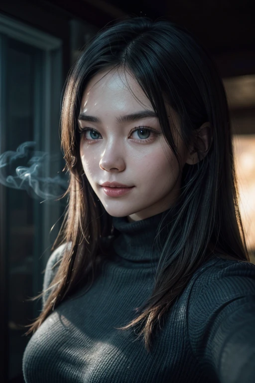 photorrealistic, best qualityer, ultra detaild, beautfull woman, Selfie photos, upperbody, standing alone, are suter, black turtleneck sweater, big , out, (natta), Music by Berg, The essence of real life., stele, world, (strong smile、dark fur、23 year old、happy big , happiness), flickering lights, forst, rotated corners, airflow, Wood, smoke, dense fog, crystal clear sky, style analogues, Look to viewer, texture skin, Film grain, up close, Super high resolution, best shade, primitive, Instagram-LUT