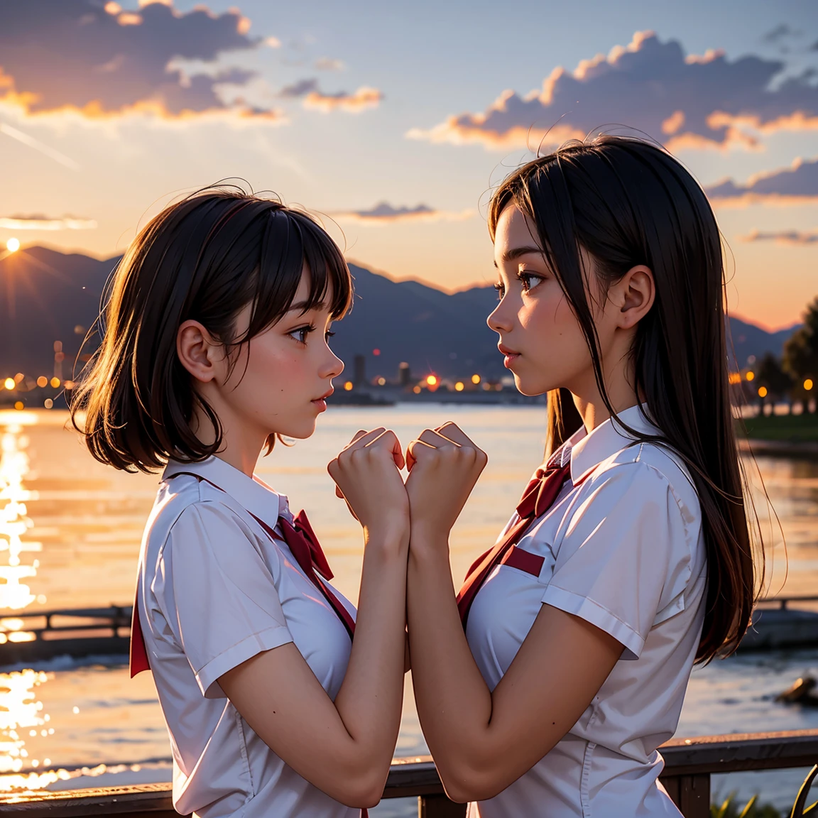 (masterpiece, best quality), perfect anatomy, perfect hands, two school girls are deeply in love with each other, romantic atmosphere, sunset