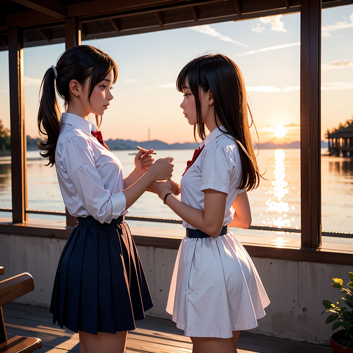 (masterpiece, best quality), perfect anatomy, perfect hands, two school girls are deeply in love with each other, romantic atmosphere, sunset