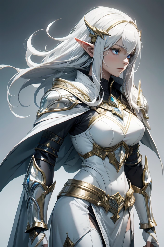 female noble Elf, full body art, silver hair, white skin, saphire eye, knight full plate adorned armor, white cape, perfectly detailed body.