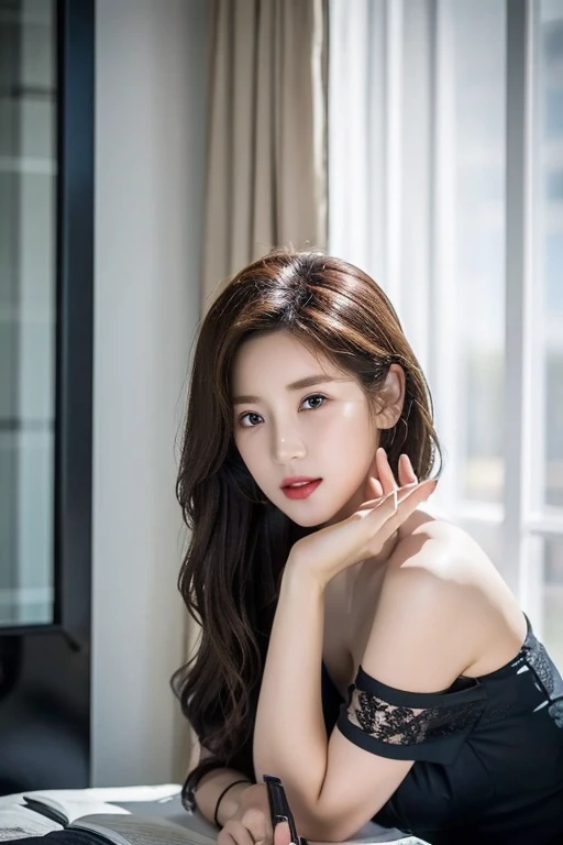 , (Mature body), Solitary,Long gray hair,black hair color, Off-shoulder, black eyes,1 Sister,A sexy pose,best quality,masterpiece,light,Extremely exquisite and beautiful,CG,Unite,8k wallpaper,Astonishing,detailed,masterpiece,Official Art,The content is very detailed Cg Unite 8k wallpaper,Extremely ridiculous,Huge file size,ultra - detailed,high resolution,The content is very detailed,Beautiful and delicate girl,Practical,full,Hotel Room,Light Contrast, Lopez, fully body photo, full, White under underwear