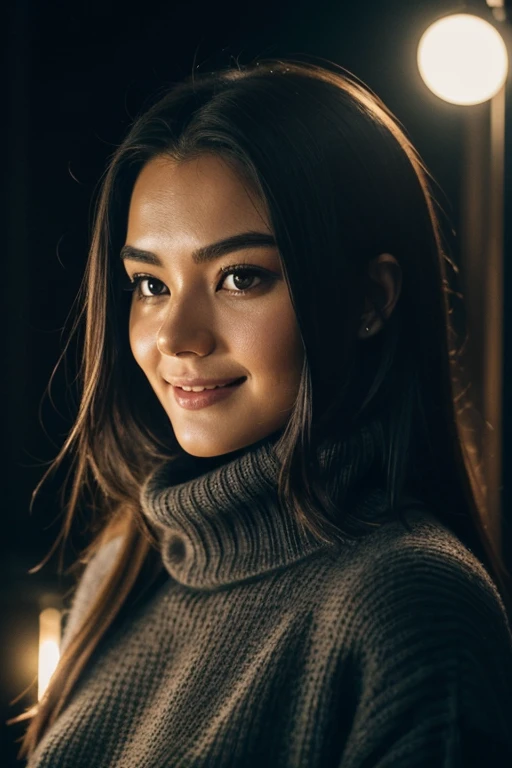 photorrealistic, best qualityer, ultra detaild, beautfull woman, Selfie photos, upperbody, standing alone, are suter, black turtleneck sweater, big  , out, (natta), Music by Berg, The essence of real life., stele, world, (strong smile、dark fur、23 year old、happy big , happiness),  flickering lights, forst, rotated corners, airflow, Wood, smoke, dense fog, crystal clear sky, style analogues, Look to viewer, texture skin, Film grain, up close, Super high resolution, best shade, primitive, Instagram-LUT