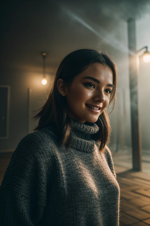 photorrealistic, best qualityer, ultra detaild, beautfull woman, Selfie photos, upperbody, standing alone, are suter, black turtleneck sweater, big  , out, (natta), Music by Berg, The essence of real life., stele, world, (strong smile、dark fur、23 year old、happy big , happiness),  flickering lights, forst, rotated corners, airflow, Wood, smoke, dense fog, crystal clear sky, style analogues, Look to viewer, texture skin, Film grain, up close, Super high resolution, best shade, primitive, Instagram-LUT