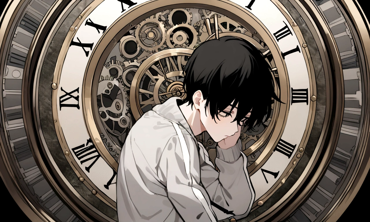 black and white drawing, giant clockwork background, hang from clockwork, human, 26 year old male, black neat hair, a lonely face, wearing gray tracksuit, put one's foot on the clock hand, cling to the clock.