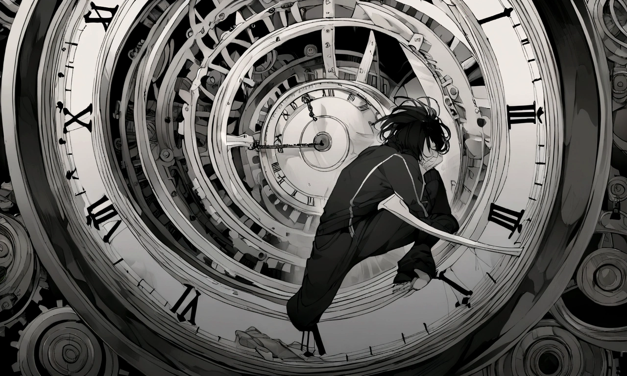 
black and white drawing, giant clockwork background, hang from clockwork, human, 26 year old male, black neat hair, a lonely face, wearing gray tracksuit, put one&#39;s foot on the clock hand, cling to the clock.