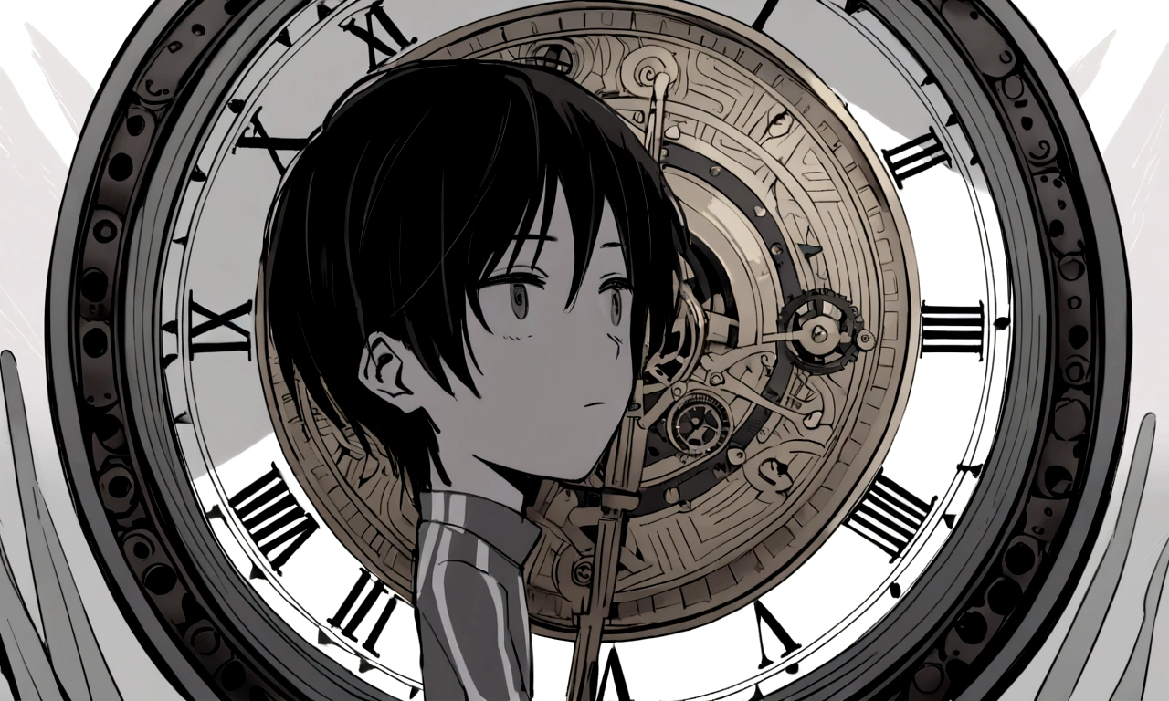 black and white drawing, giant clockwork background, hang from clockwork, human, 26 year old male, black neat hair, a lonely face, wearing gray tracksuit, put one's foot on the clock hand, cling to the clock, climb the clock.