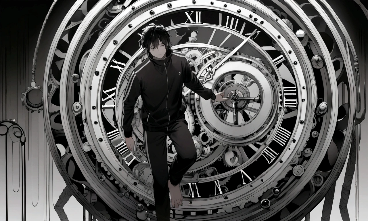black and white drawing, giant clockwork background, hang from clockwork, human, 26 year old male, black neat hair, a lonely face, wearing gray tracksuit, put one's foot on the clock hand, cling to the clock, climb the clock.