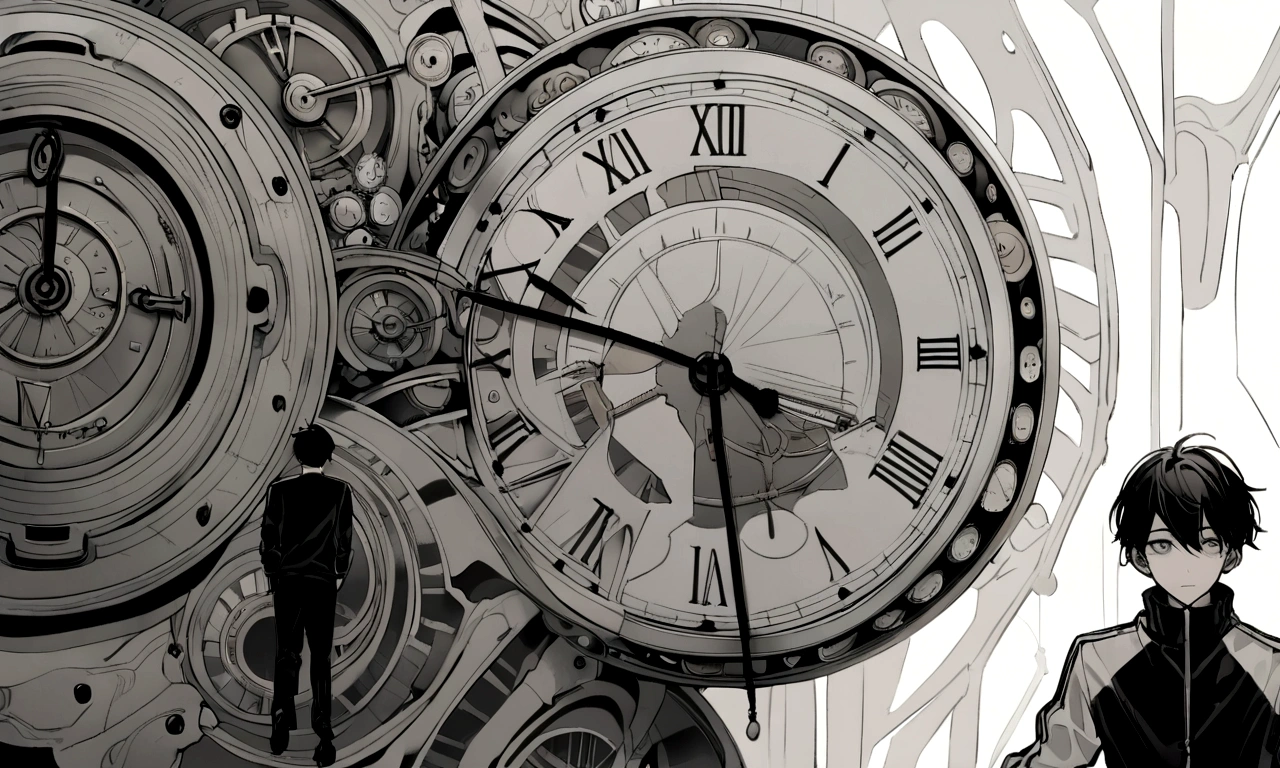 black and white drawing, giant clockwork background, hang from clockwork, human, 26 year old male, black neat hair, a lonely face, wearing gray tracksuit, put one&#39;s foot on the clock hand, cling to the clock, climb the clock.