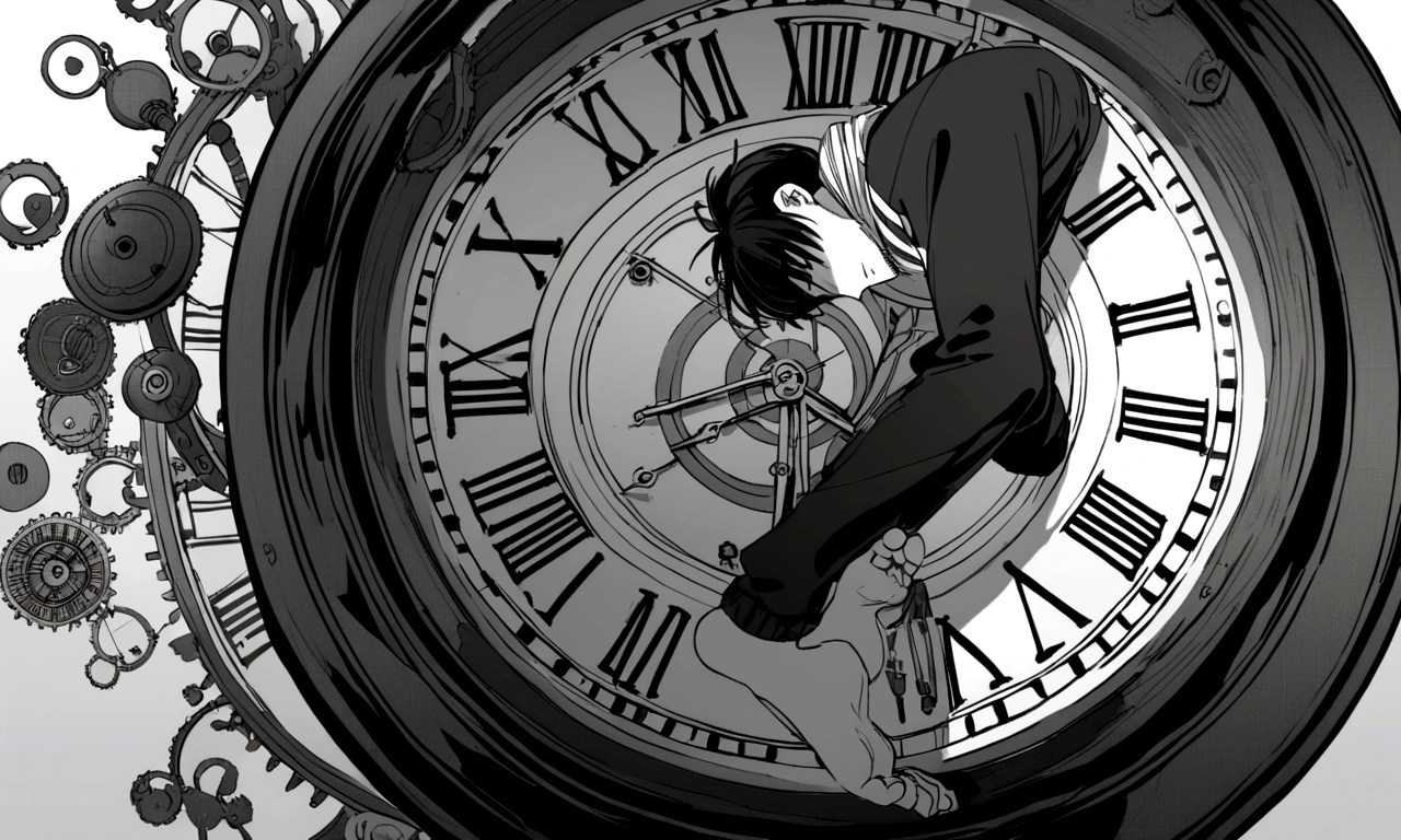 black and white drawing, giant clockwork background, hang from clockwork, human, 26 year old male, black neat hair, a lonely face, wearing gray tracksuit, put one's foot on the clock hand, cling to the clock, climb the clock.