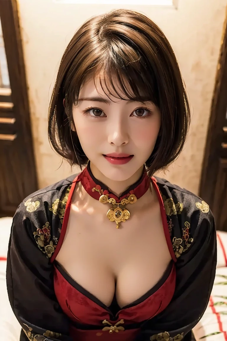 (8K、Raw photography、top-quality、masterpiece:1.2)、(realisitic、Photorealsitic:1.37)、ultra-detailliert、超A high resolution、1人、(NSFW)、see the beholder、beautifull detailed face、A smile、Constriction、(Slim waist) :1.3)、((wearing red cheongsam))、Beautiful detailed skin、Skin Texture、Floating hair、Professional Lighting、(on the beds、at bedroom、At night)、((flat chest))、Whole human body、Brown hair、