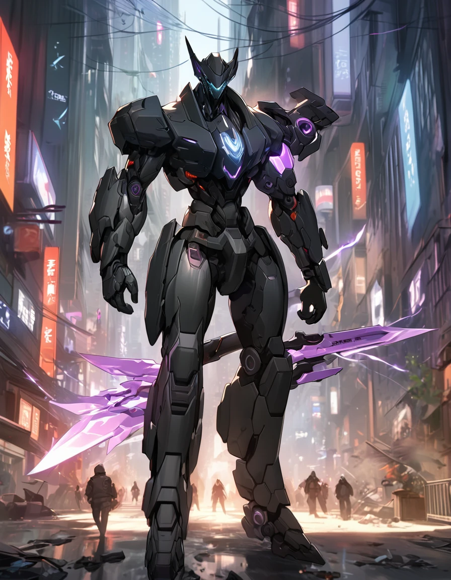 a cyborg wearing a long cape swinging a sword in a fight, city, concept art by Yang J, trending on Artstation, fantasy art, from arknights, glowing purple lightning blade, style of raymond swanland, anime concept hdr anime macmanus, trending on artstation::3 , death knight, genji, arknights, reaper from overwatch, king of time reaper, (Dragon Guard ARM, GLOVES::1.5 ), (purple and BLACK), (MECHA CYBER SHINY ARMORED SUIT, A PAIR MECHANICAL ARMOR::1.4 ), ground destroyed.::1