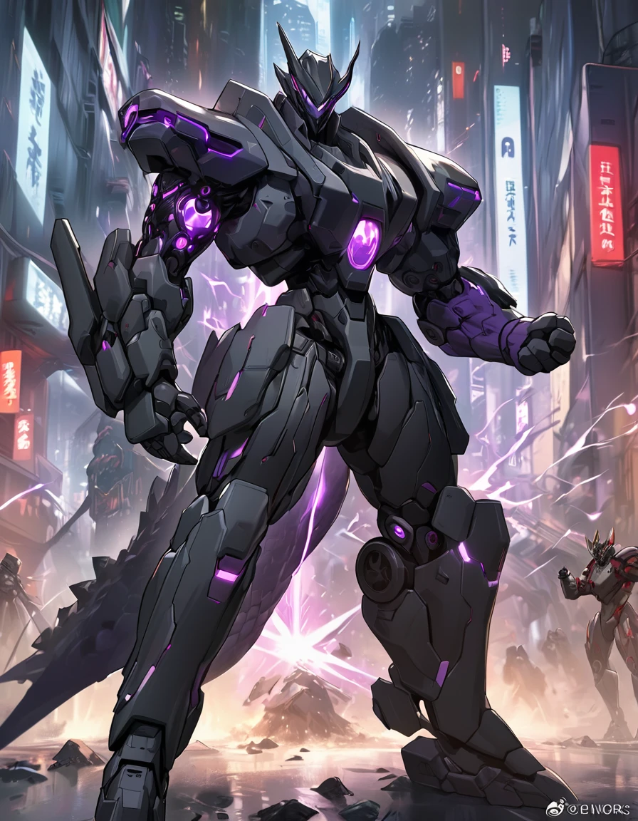 a cyborg wearing a long cape swinging a sword in a fight, city, concept art by Yang J, trending on Artstation, fantasy art, from arknights, glowing purple lightning blade, style of raymond swanland, anime concept hdr anime macmanus, trending on artstation::3 , death knight, genji, arknights, reaper from overwatch, king of time reaper, (Dragon Guard ARM, GLOVES::1.5 ), (purple and BLACK), (MECHA CYBER SHINY ARMORED SUIT, A PAIR MECHANICAL ARMOR::1.4 ), ground destroyed.::1